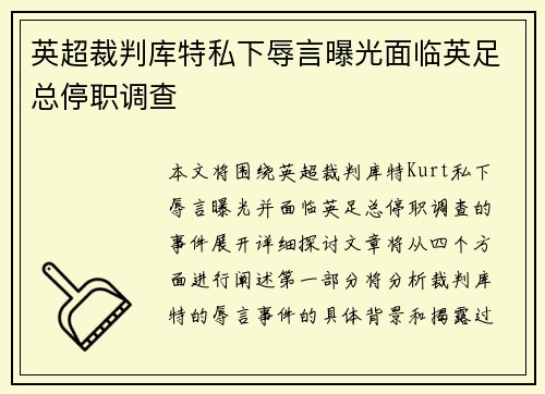 英超裁判库特私下辱言曝光面临英足总停职调查