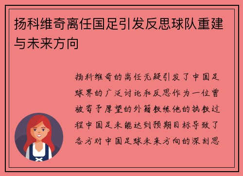 扬科维奇离任国足引发反思球队重建与未来方向 扬科维奇离任国足引发反思球队重建与未来方向